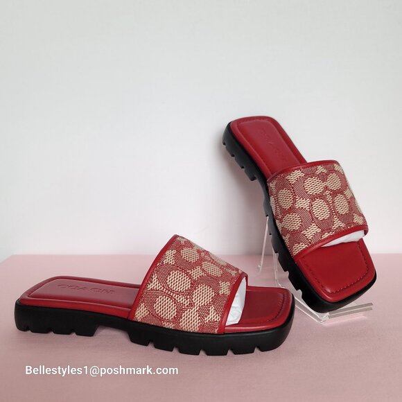 COACH FLORENCE Signature Logo Jacquard Slide Sandals- Ruby multi-Women’s Size 6B - Picture 3 of 16